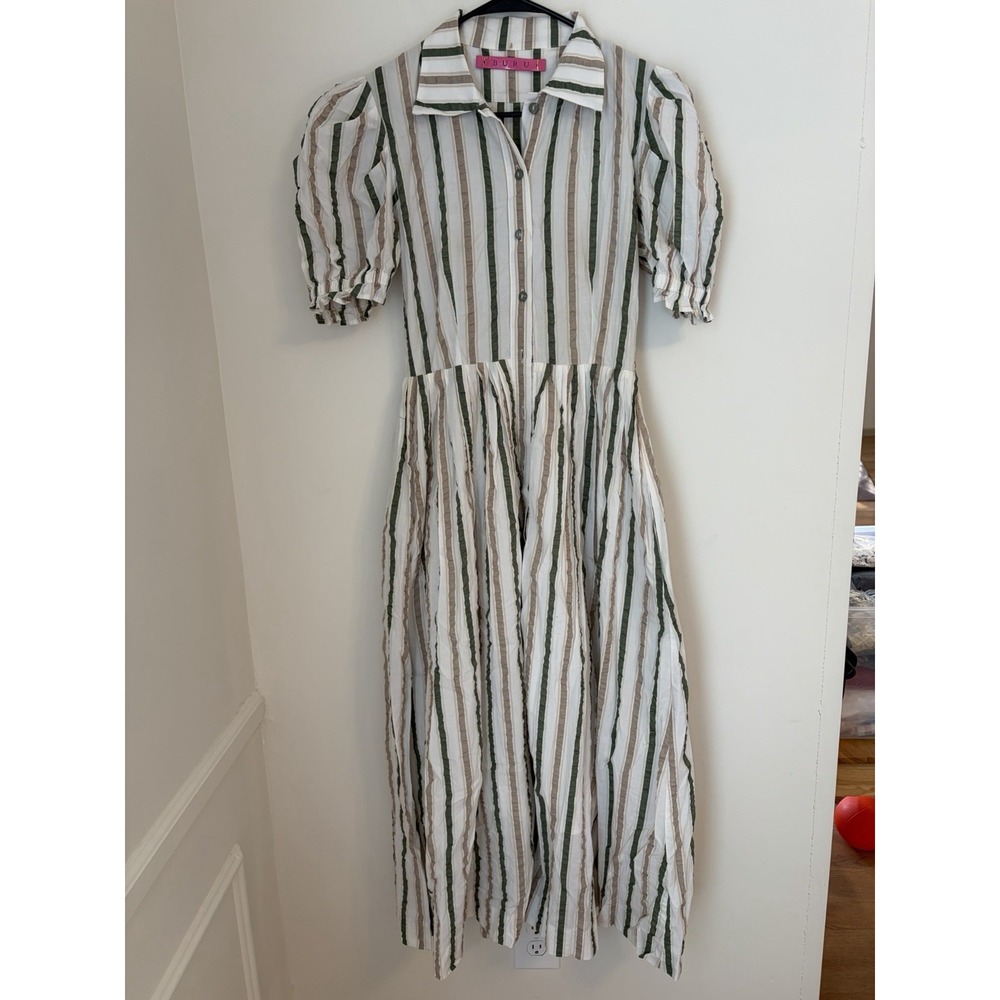 Buru Small Midi White Dress Striped Button Down Luxury Brunch VSCO Girl